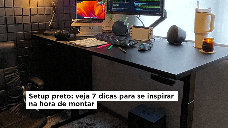 capa do artigo setup preto veja 7 dicas para se inspirar na hora de montar, com uma mesa preta slikdesk, com monitor preto, acessórios pretos e cadeira preta.